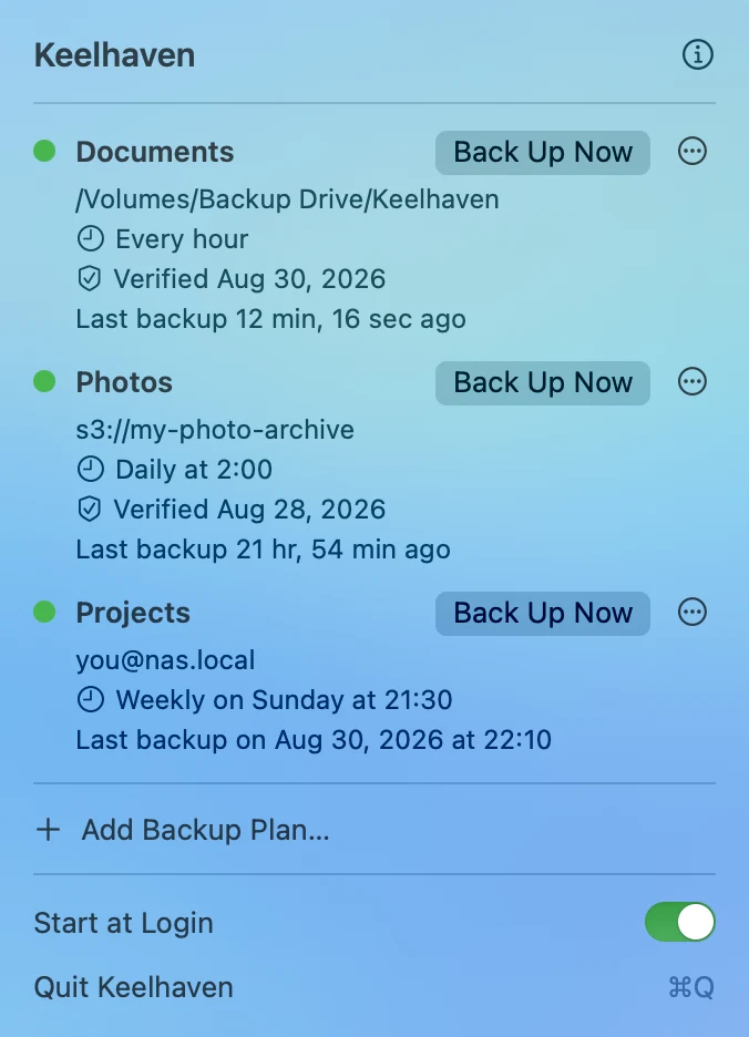 The menu bar panel listing three plans, each with a green dot, its schedule and when it last ran.