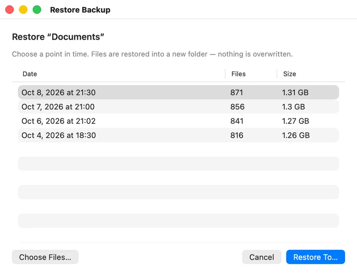 The Restore Backup window listing snapshots by date, file count and size.