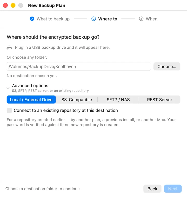 The New Backup Plan window, on the step that asks where the encrypted backup should go.